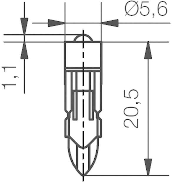 Dessin technique d'un connecteur avec dimensions : Longueur 20,5 mm, diamètre 5,6 mm, hauteur 1,1 mm. Des flèches indiquent les dimensions.