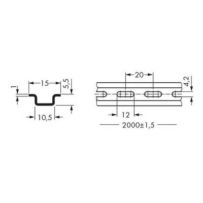 Dessin technique d'un profilé métallique avec dimensions : à gauche coupe transversale 15x10,5x5,5 mm ; à droite vue longitudinale 2000±1,5 mm avec deux trous de fixation.