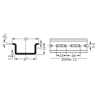 Dessin technique d'un profilé métallique en U avec cotations : largeur 27 mm, hauteur 15 mm, fentes à des intervalles de 25 mm et 36 mm.