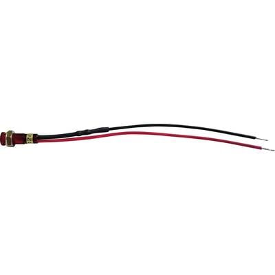 Lumière LED rouge avec câble noir et rouge, marquée '12V' sur le boîtier métallique, indiquant le passage du courant.