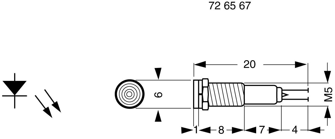 Dessin technique d'une fiche avec dimensions et symboles. Longueur 72,65 mm, diamètre 6 mm, filetage M5 ; symbole de diode.
