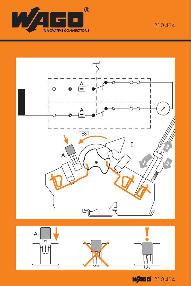 Schéma de câblage avec deux interrupteurs et un bornier. En haut : Circuits électriques. Au milieu : Bornier portant l'étiquette 'Test'. En bas : Diagramme illustrant l'installation correcte et incorrecte des câbles.