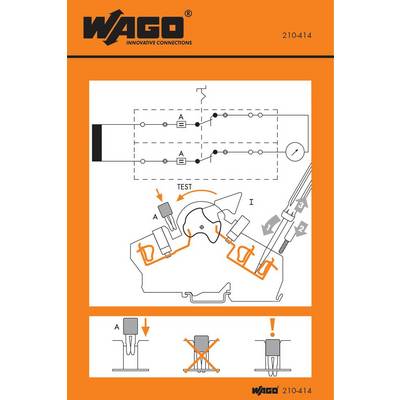 Schéma de câblage avec deux interrupteurs et un bornier. En haut : Circuits électriques. Au milieu : Bornier portant l'étiquette 'Test'. En bas : Diagramme illustrant l'installation correcte et incorrecte des câbles.