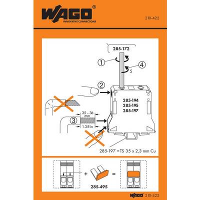 Manuel d'utilisation 'WAGO' pour bornes de connexion électriques. Présente des schémas techniques pour l'installation correcte et les dimensions.