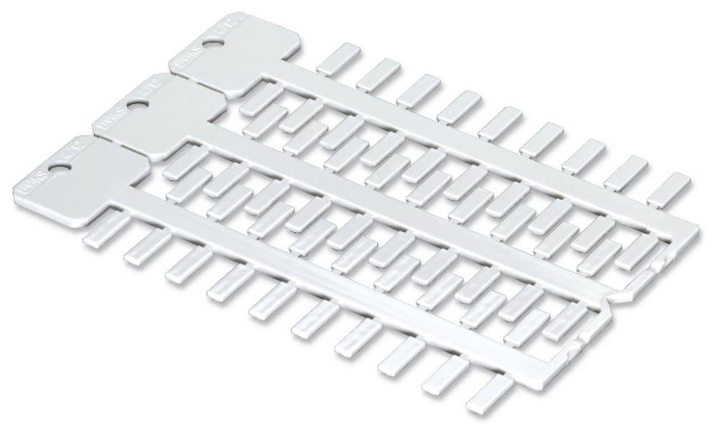 Trois marqueurs de câbles blancs, disposés côte à côte, chacun doté de seize encoches marquées pour l'identification des câbles.