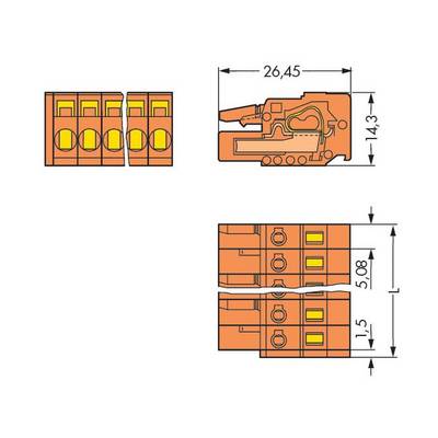 Dessin technique d'un connecteur à 4 pôles avec les dimensions suivantes : longueur 26,45 mm, largeur 14,3 mm et hauteur 5,08 mm.