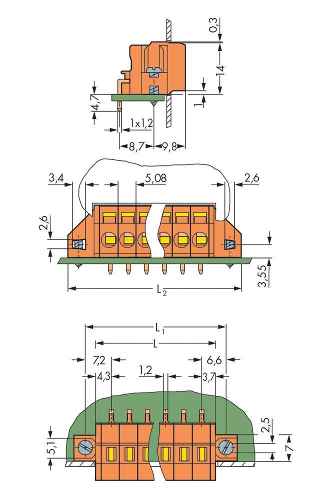 Dessin technique d'un connecteur électrique avec dimensions en millimètres, montrant une vue de dessus, une vue latérale et une vue de face.