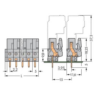 Dessin technique d'un relais avec les dimensions suivantes : hauteur 37,3 mm, largeur 5 mm, et longueurs de 11,6 mm, 3,95 mm et 2,2 mm.