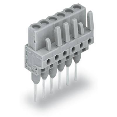 Barrette de connexion grise à 6 pôles pour montage sur circuit imprimé avec contacts à broches verticaux, adaptée aux connexions électriques.