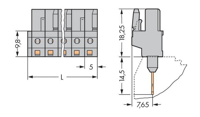 Dessin technique d'un connecteur avec dimensions : Hauteur 18,25 mm, Largeur 7,65 mm. Vue de gauche montrant trois emplacements de branchement.