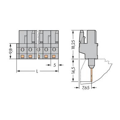 Dessin technique d'un connecteur avec dimensions : Hauteur 18,25 mm, Largeur 7,65 mm. Vue de gauche montrant trois emplacements de branchement.