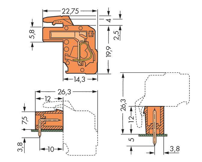 Diagramme d'une coupe transversale d'un composant technique avec dimensions. Montre les détails des pièces et des connexions en millimètres.