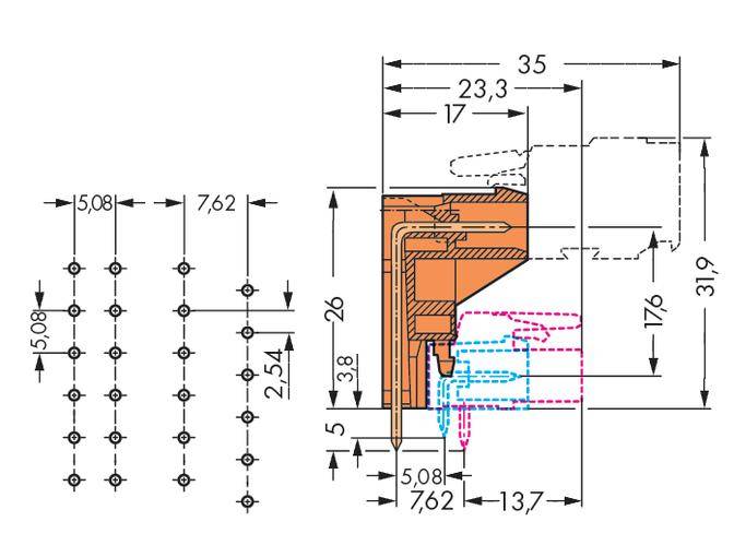 Dessin technique d'un connecteur avec des dimensions précises en millimètres. Vue latérale et vue de dessus avec des trous de perçage et des indications de mesures.