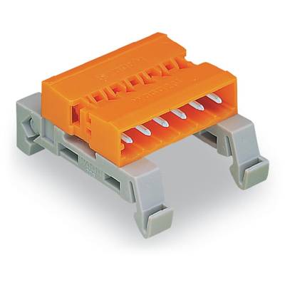 Connecteur électrique orange à six emplacements sur une base grise. Utilisé pour des connexions de câbles sécurisées en électronique.