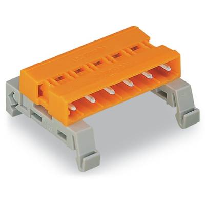 Un connecteur orange avec cinq contacts métalliques sur un socle gris, utilisé pour les connexions électriques.