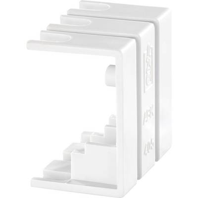 Un clip en plastique blanc, de forme rectangulaire et construit en L, doté de bords intérieurs dentés pour maintenir des objets.