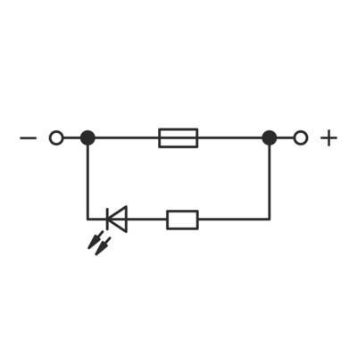 Schéma de circuit avec une batterie, une résistance, une LED et un interrupteur montés en série. La LED s'allume lorsque l'interrupteur est fermé.