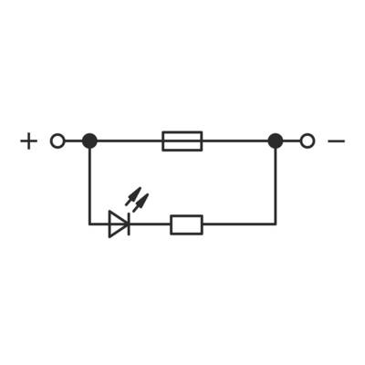 Circuit électrique simple avec batterie, résistance, diode et ampoule. L'énergie circule du pôle positif à travers les composants jusqu'au pôle négatif.
