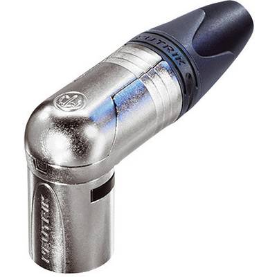 Un connecteur XLR argenté, coudé, avec un boîtier en plastique bleu portant l'inscription 'Neutrik'.