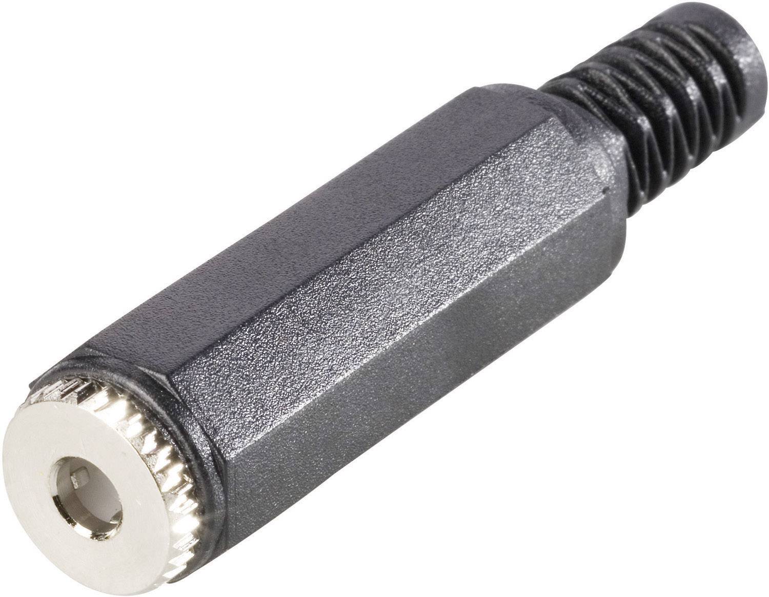 Une fiche audio jack 3,5 mm à boîtier hexagonal et câble spiralé. Utilisée pour les connexions audio dans les appareils électroniques.