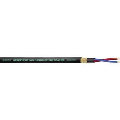 Un câble noir portant l'inscription 'Microphone Cable Road Line DMK 20/80'. Deux extrémités de câble proéminentes en bleu et en rouge.