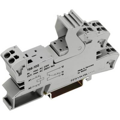 Relais de rail DIN gris avec détails techniques et symboles de commutation sur la surface. Développé pour une tension secteur de 230V, un courant de 16A.