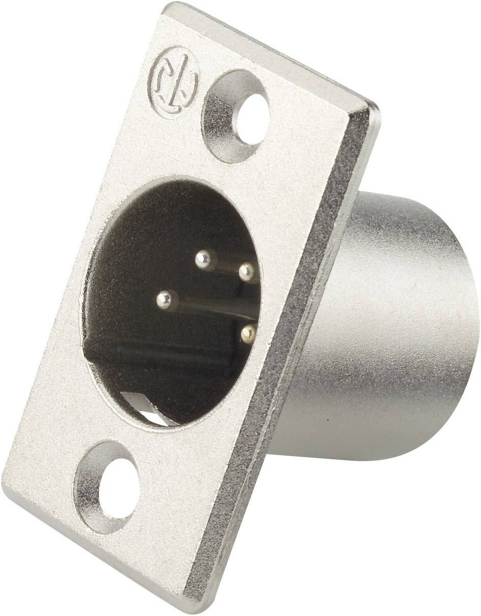 Une prise XLR femelle argentée, 3 broches, montable, pour connecter des appareils audio.