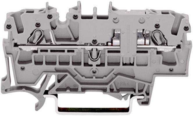 Barrette de connexion électrique grise pour câblage industriel, avec connexion latérale et support de montage sur rail DIN.