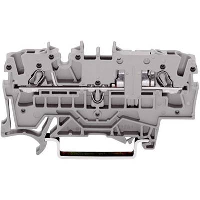 Barrette de connexion électrique grise pour câblage industriel, avec connexion latérale et support de montage sur rail DIN.