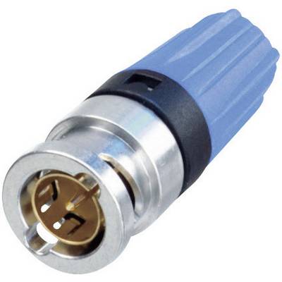 Un connecteur électrique bleu avec une embase métallique, utilisé pour établir une connexion sécurisée dans les systèmes électroniques.