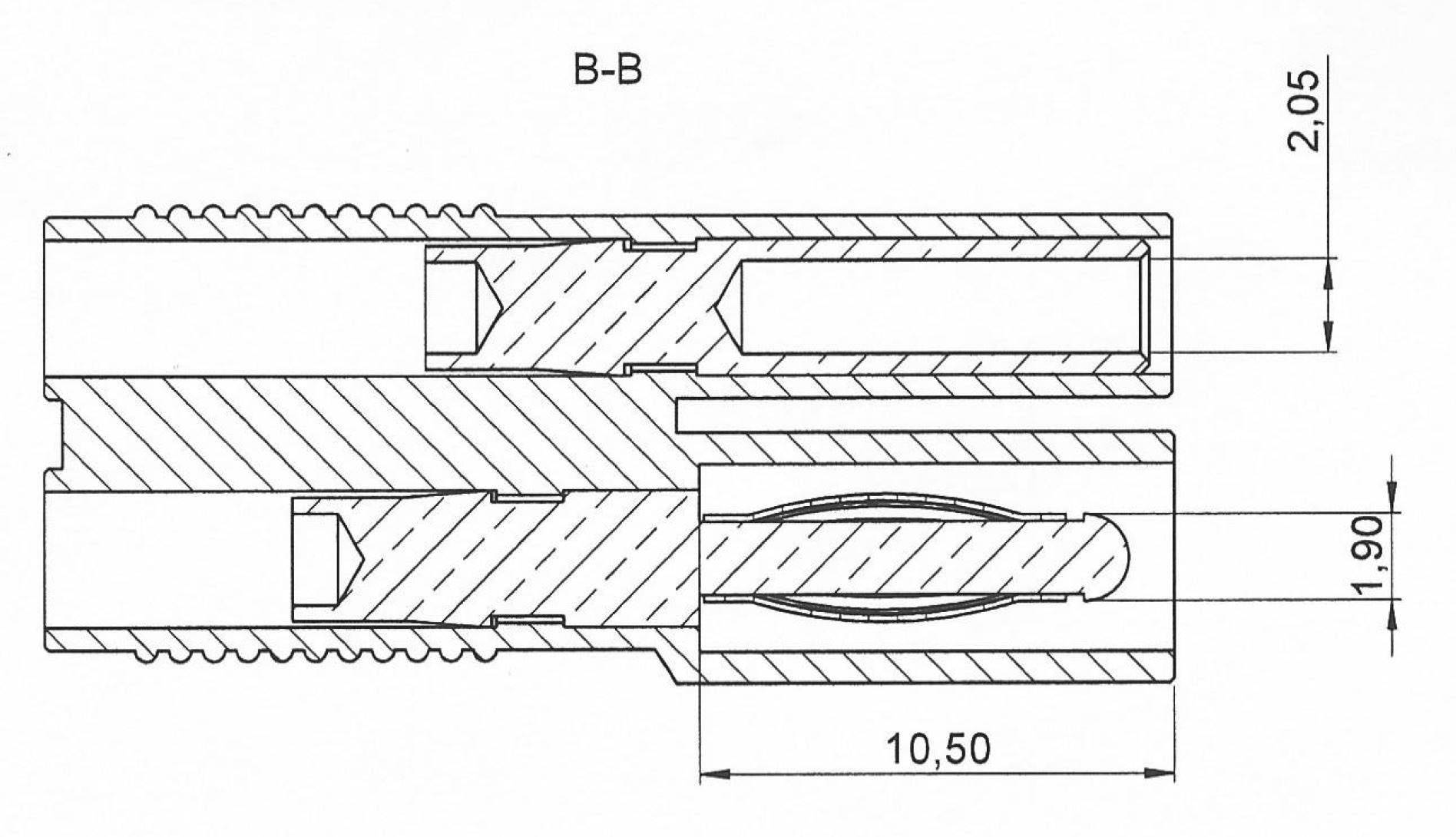 Coupe transversale d'un dessin technique d'un composant cylindrique avec des dimensions de 10,50 de longueur, 2,05 de largeur supérieure et 1,90 de largeur inférieure.