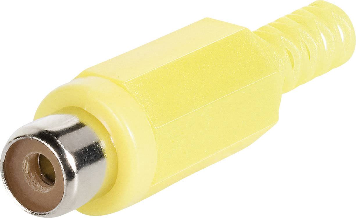 Fiche Cinch jaune à embout métallique, généralement utilisée pour les connexions audio ou vidéo.