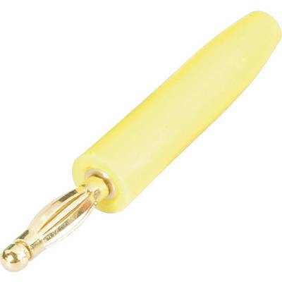Fiche banane jaune, isolée sur un fond blanc, montrant le contact métallique à une extrémité. Connexion électronique débranchée.