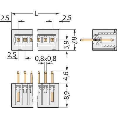 Dessin d'un connecteur électrique avec indications dimensionnelles. Dimensions principales : L, 2,5 mm, 3,9 mm, 4,6 mm, 7,8 mm et 8,9 mm. Vue de dessus et coupe.