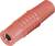 Connecteur banane rouge en gros plan, montrant le design avec un boîtier strié et un contact métallique. Utilisé pour les connexions électriques.