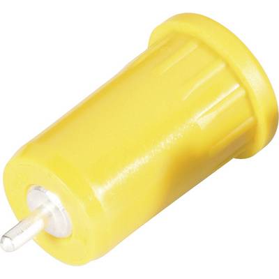 Un petit bouchon cylindrique en plastique jaune avec une courte tige métallique argentée sur un côté, isolé sur un fond blanc.