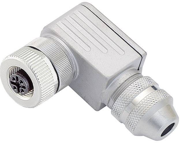 Un connecteur d'angle argenté avec plusieurs rainures et une prise quadripolaire.