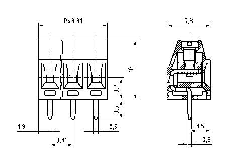 Dessin technique d'une fiche tripolaire avec dimensions : largeur 10 mm, hauteur 7,3 mm. Vue en coupe montrant la structure interne.