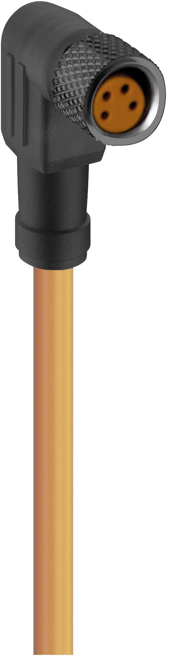 Connecteur coudé noir avec câble orange, adapté aux applications industrielles.