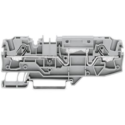 Boîtier de connexion électrique gris en plastique avec contacts métalliques, utilisé pour connecter des conducteurs électriques de manière sécurisée.