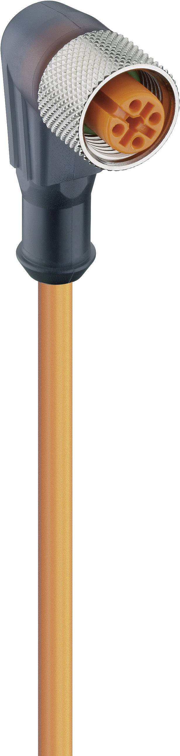 Un câble de connexion orange coudé avec quatre broches, adapté aux applications industrielles ou aux raccordements de machines.