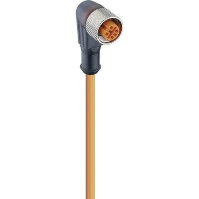 Un câble de connexion orange coudé avec quatre broches, adapté aux applications industrielles ou aux raccordements de machines.