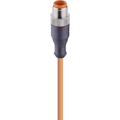 Un câble cylindrique orange avec un connecteur argenté, adapté aux connexions et applications industrielles.