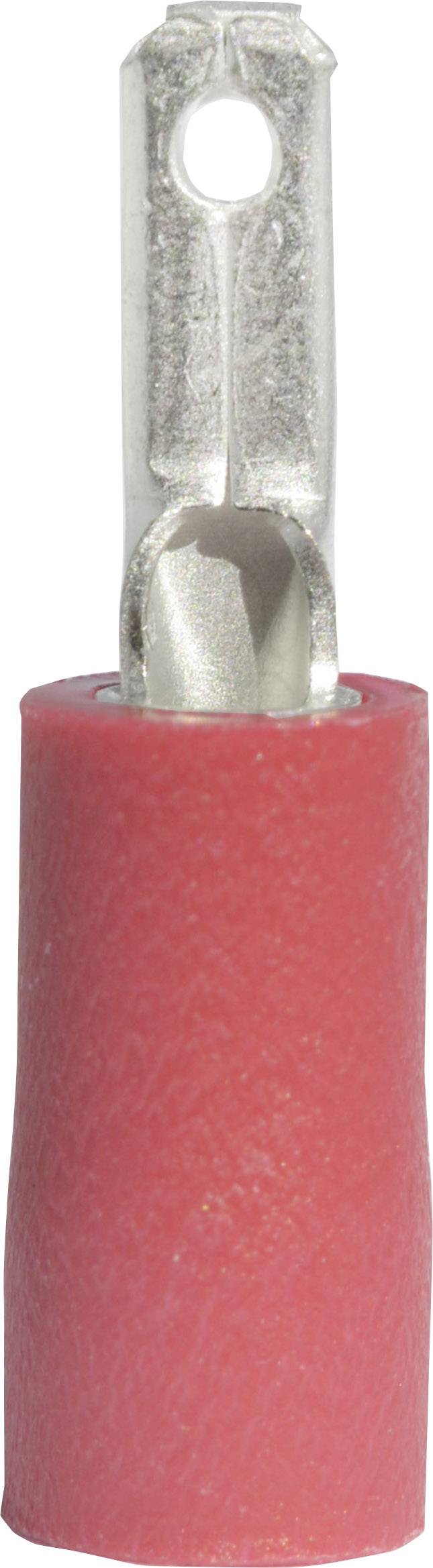Un embout de câble isolé rouge avec une ouverture de connexion métallique, utilisé en électrotechnique pour raccorder des câbles.