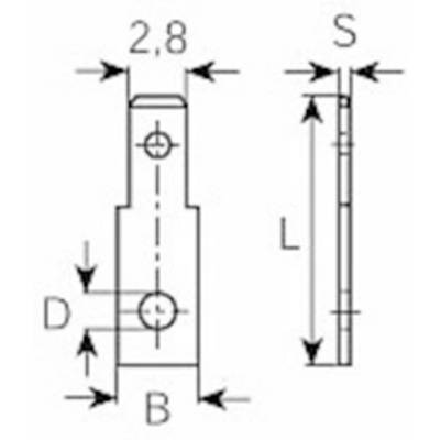 Dessin technique d'un composant avec dimensions : Hauteur L, Largeur B, Profondeur D, Distance 2,8, et Marquage S ; Vue de dessus et Vue latérale.