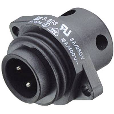 Fiche électrique triphasée avec marquage '16A/400V'. Adaptée pour une puissance élevée. Boîtier noir, construction robuste.