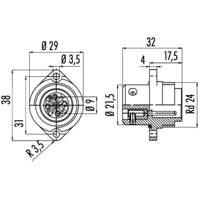 Dessin technique d'une fiche connecteur en vue de côté et de face avec des dimensions précises en millimètres, par exemple diamètre et rayons.