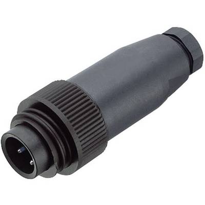 Un connecteur noir, cylindrique, avec une poignée striée et trois contacts métalliques à une extrémité.