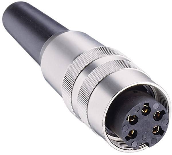 Une fiche métallique ronde multipolaire avec une poignée noire, prête à être connectée à des appareils pour le transfert d'électricité ou de données.