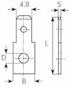 Dessin technique d'un composant avec dimensions : Largeur (L), Longueur (Lo), Épaisseur (E), Diamètre (D) et un bord supérieur avec une mesure de 4,8.